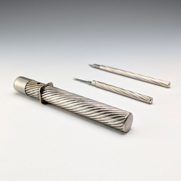 Antique silver plate travel stationery set (dip pen, knife)